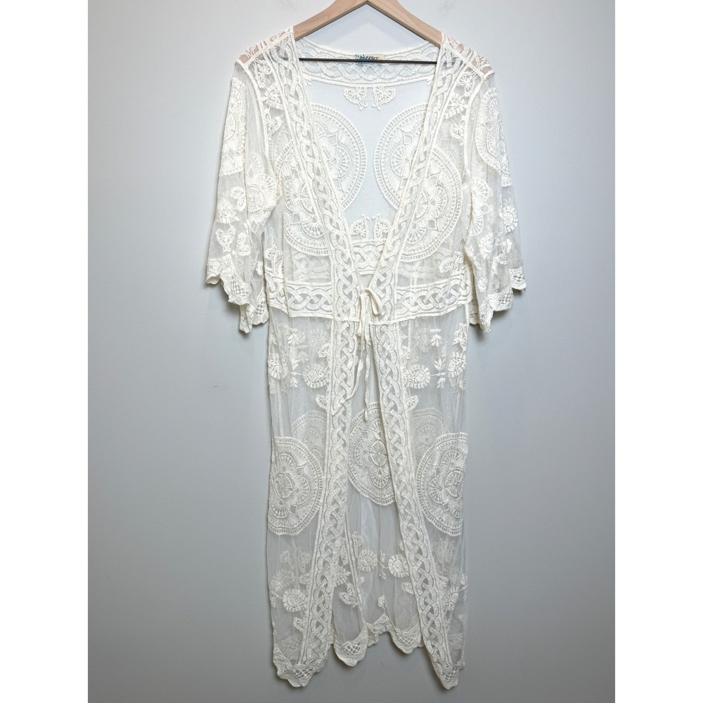 Rebellion Again Long Sheer Duster Cardigan Lace Crochet Romantic White Cream L‎